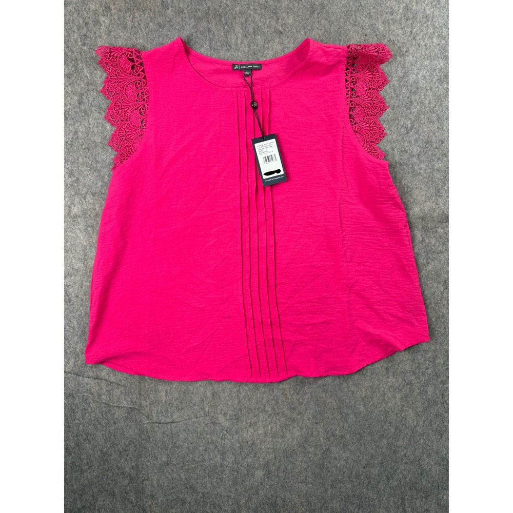Adrianna Papell Blouse Women L Pink Crochet Lace Pintuck Sleeveless Chic Top NEW